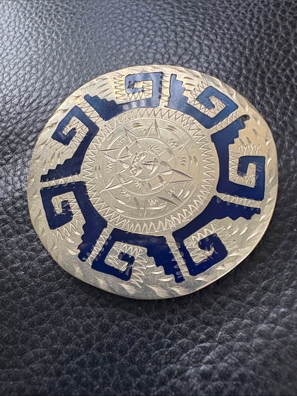 Vintage 925 Silver Mexican Aztec Sun Calendar With Blue Enamel Brooch Pendant
